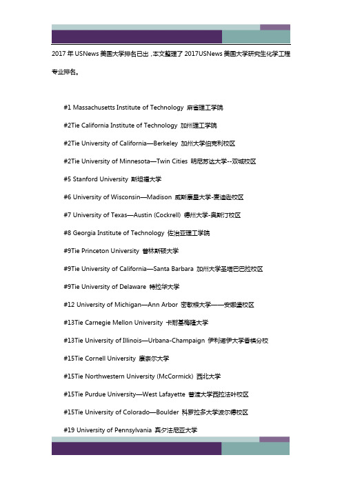 ……2017年USNews美国化学工程专业研究生排名