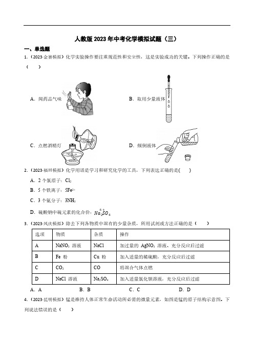 人教版2023年中考化学模拟试题(三)(学生版)