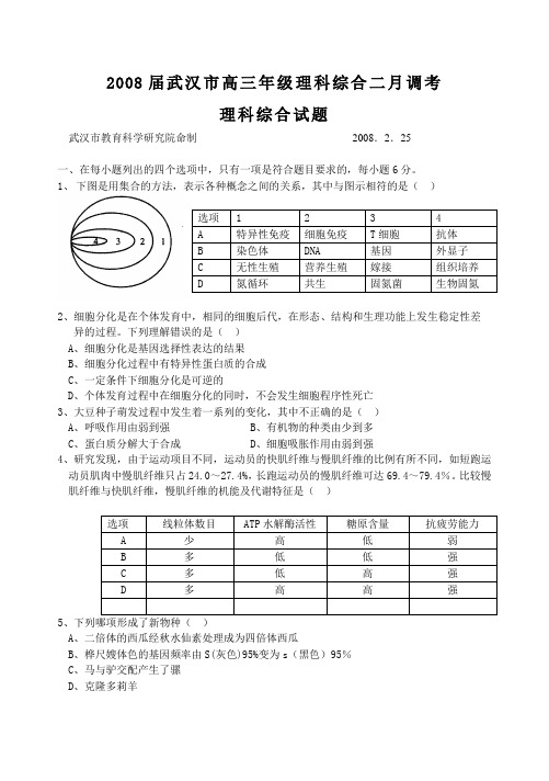 08届武汉市高三年级理科综合二月调考