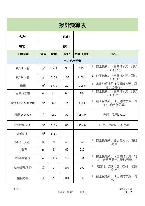 工程报价预算表格(标准模板)