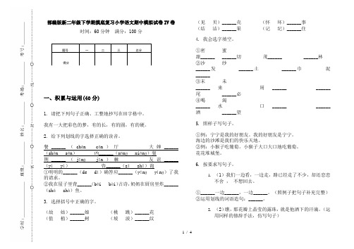 部编版新二年级下学期摸底复习小学语文期中模拟试卷IV卷