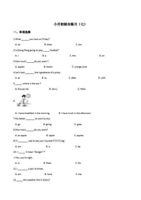 六年级下册英语试题：小升初综合练习(七)湘少版_含答案