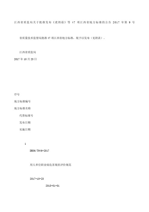 江西省质监局关于批准发布《虎奶菇》等项江西省地方标准的公告 第号