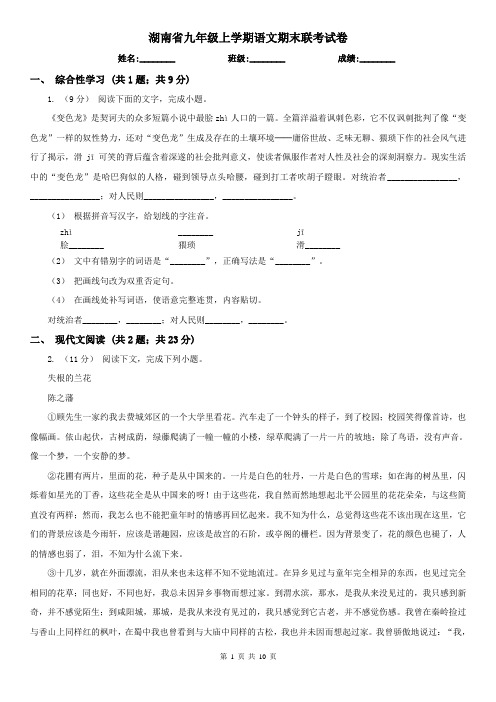 湖南省九年级上学期语文期末联考试卷