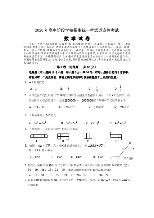 2020年高中阶段学校招生统一考试适应性考试数学试题含答案