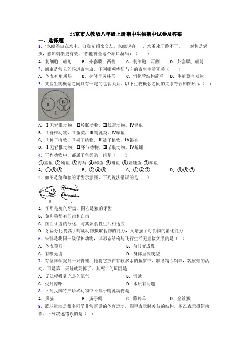 北京市人教版八年级上册期中生物期中试卷及答案