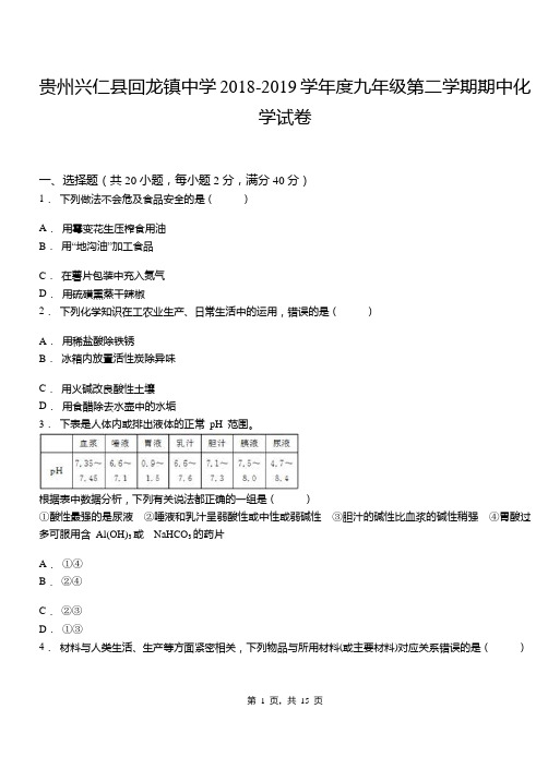贵州兴仁县回龙镇中学2018-2019学年度九年级第二学期期中化学试卷(解析版)