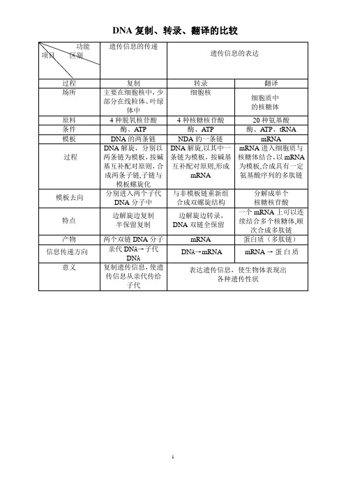 DNA复制、转录、翻译的比较(表格)