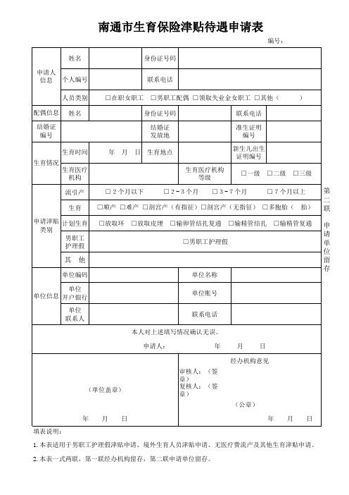 南通市生育保险津贴待遇申请表