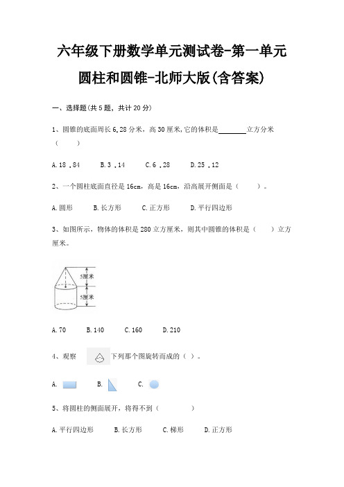 北师大版六年级下册数学单元测试卷第一单元 圆柱和圆锥(含答案)