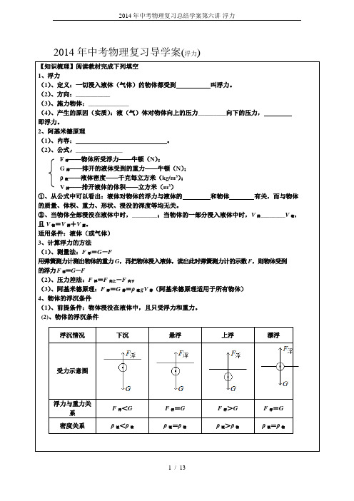 2014年中考物理复习总结学案第六讲-浮力