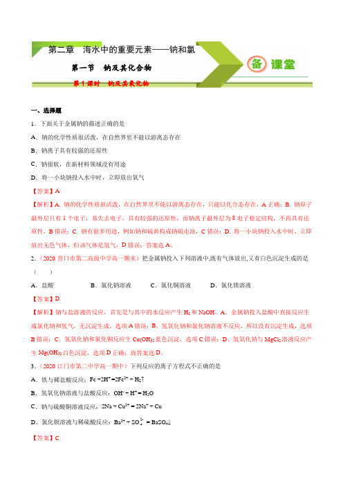 专题2.1.1 钠及其氧化物(备作业)2020-2021学年高一上学期必修第一册同步备课系列(人教版2019)