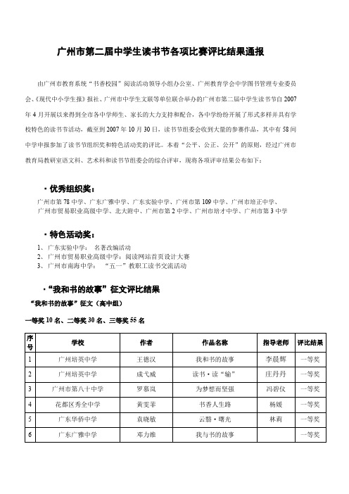 广州市第二届中学生读书节各项比赛评比结果通报