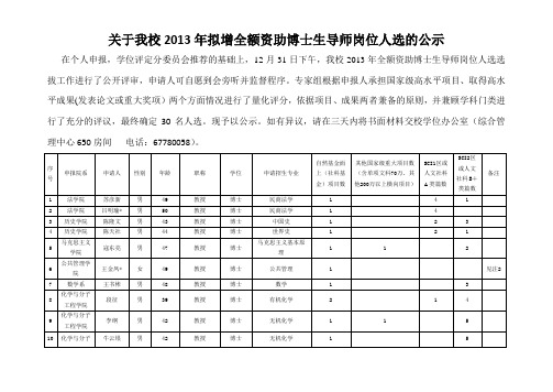 2013年郑州大学拟增全额资助博士生导师岗位人选的公示