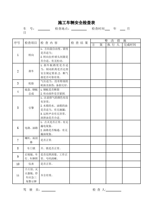 施工车辆安全检查表