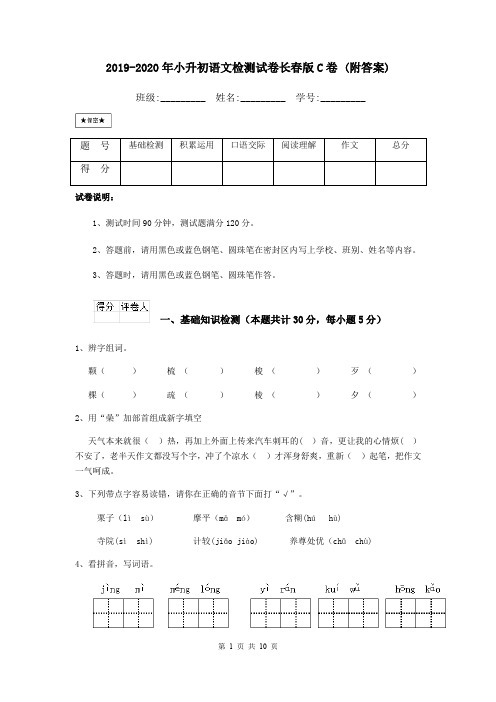 2019-2020年小升初语文检测试卷长春版C卷 (附答案)