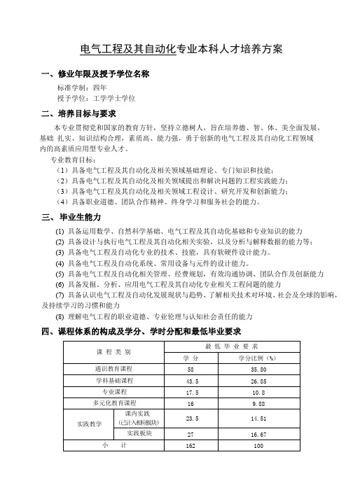 电气工程及其自动化专业本科人才培养方案