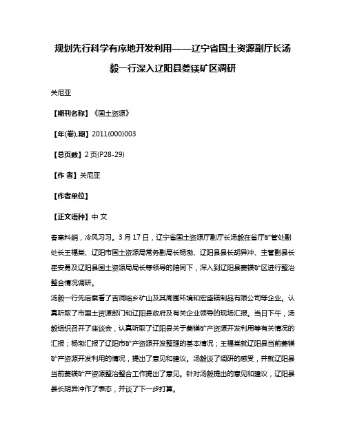 规划先行科学有序地开发利用——辽宁省国土资源副厅长汤毅一行深入辽阳县菱镁矿区调研