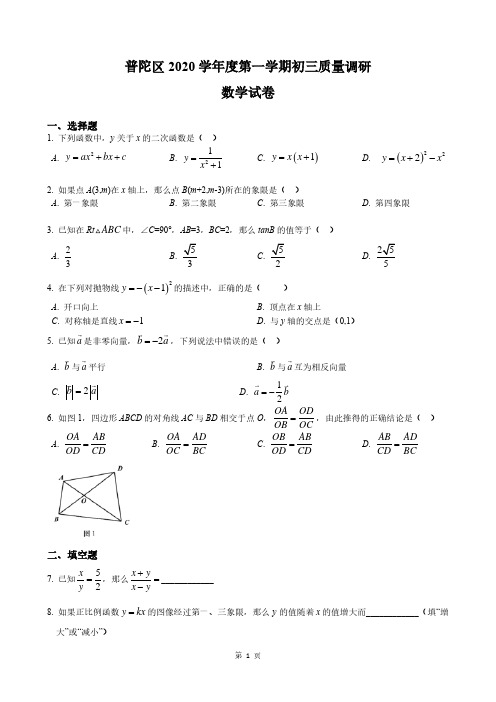 【2021年上海市初中一模数学卷】2021年上海市普陀区初中毕业生学业模拟考试试卷九年级数学及答案