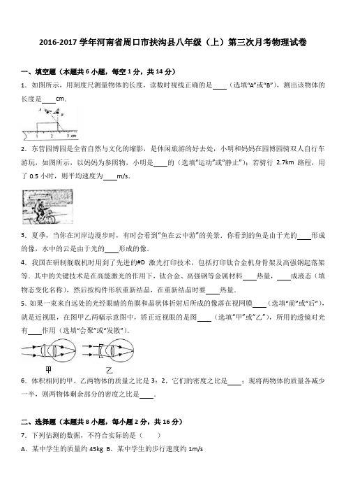 河南省周口市扶沟县2016-2017学年八年级(上)第三次月考物理试卷(解析版)