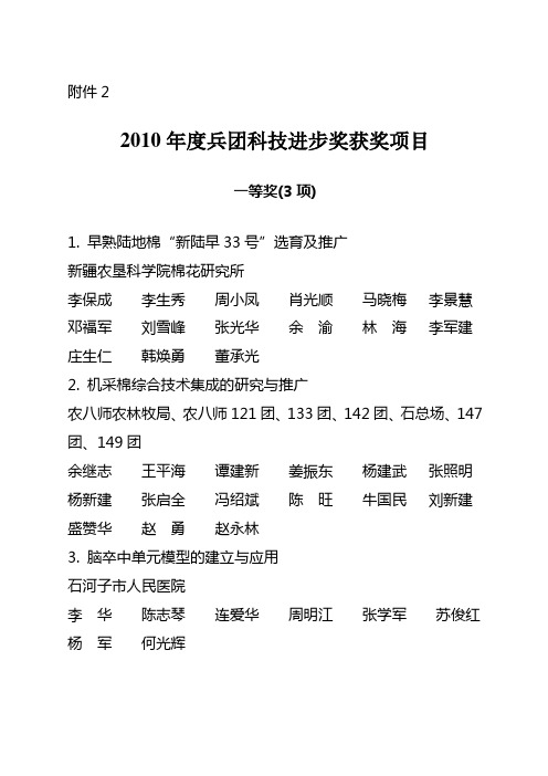 2010年度兵团科技进步奖获奖项目