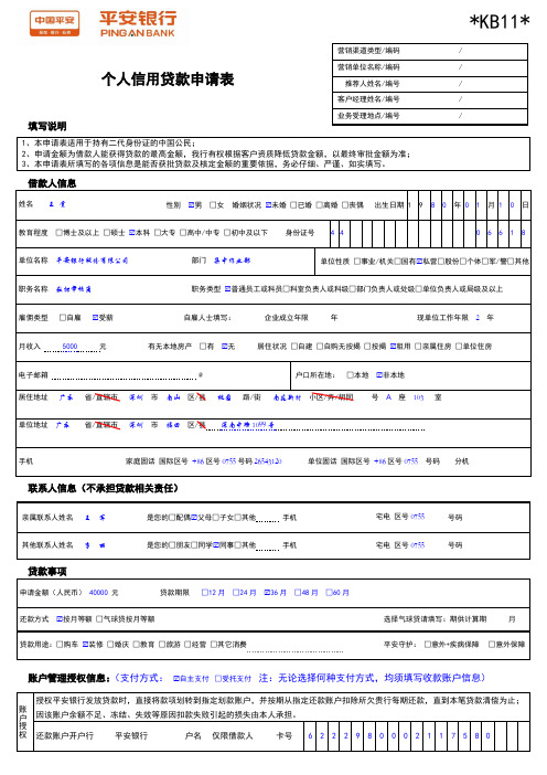 平安银行个人信用贷款申请表样板