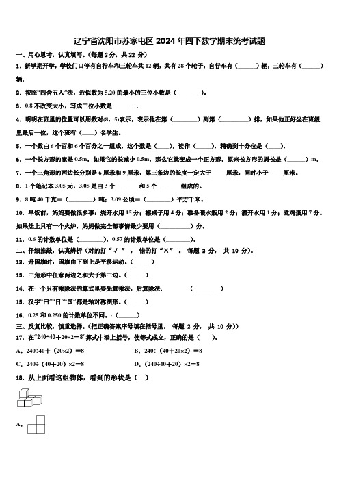 辽宁省沈阳市苏家屯区2024年四下数学期末统考试题含解析