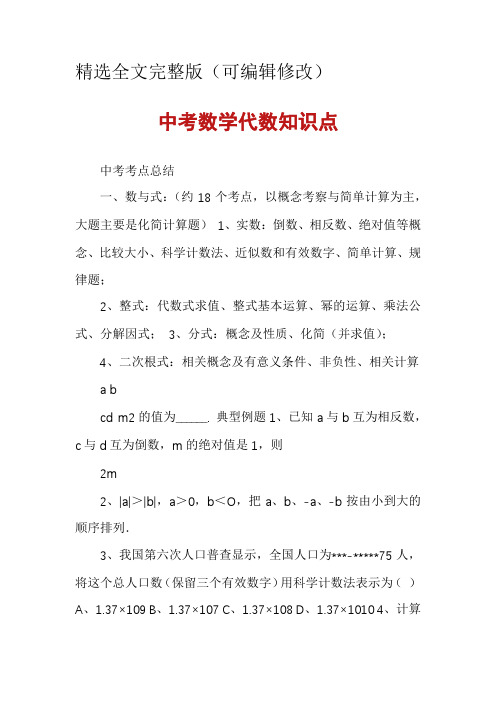 中考数学代数知识点精选全文