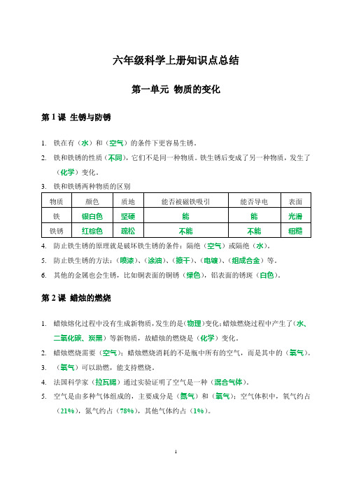 人教鄂教版六年级科学上册知识点总结