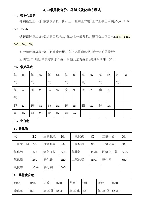 初中常见化合价化学式及化学方程式