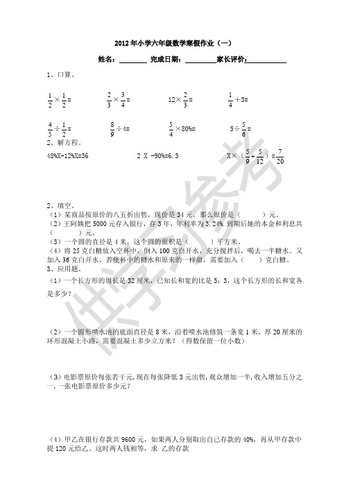 六年级数学寒假作业(13份)