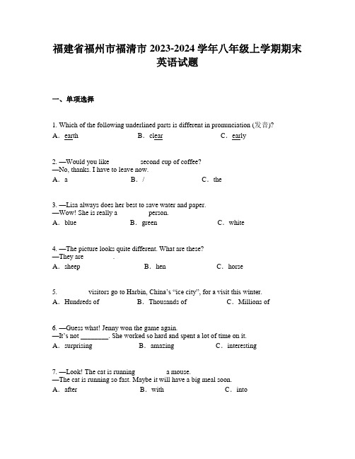 福建省福州市福清市2023-2024学年八年级上学期期末英语试题