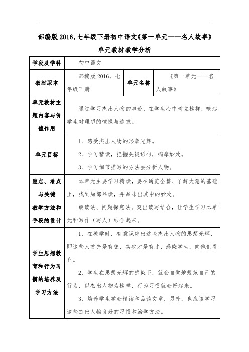 部编版2016,七年级下册初中语文《第一单元——名人故事》单元教材教学分析