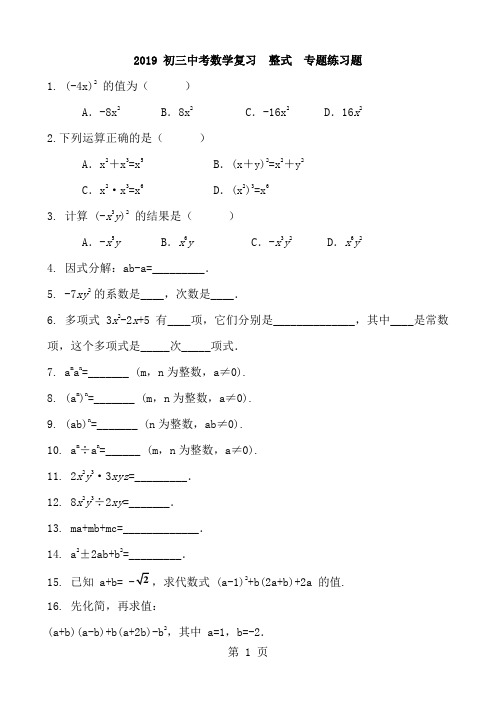 初三中考数学复习  整式  专题练习题 含答案