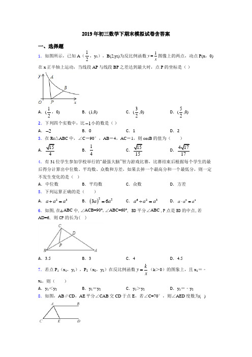 2019年初三数学下期末模拟试卷含答案