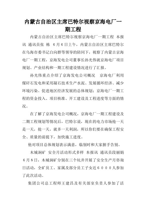 内蒙古自治区主席巴特尔视察京海电厂一期工程.doc