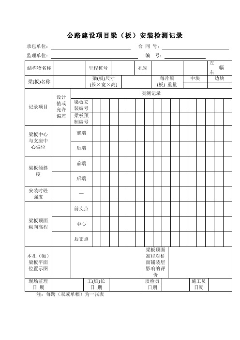 公路建设项目梁(板)安装检测记录