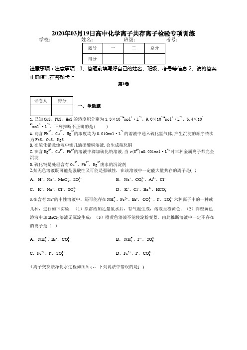 高中化学离子共存离子检验专项训练(附答案)