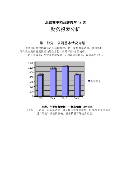 北京某中档品牌汽车4S店财务报表分析(注意是财务报表分析)