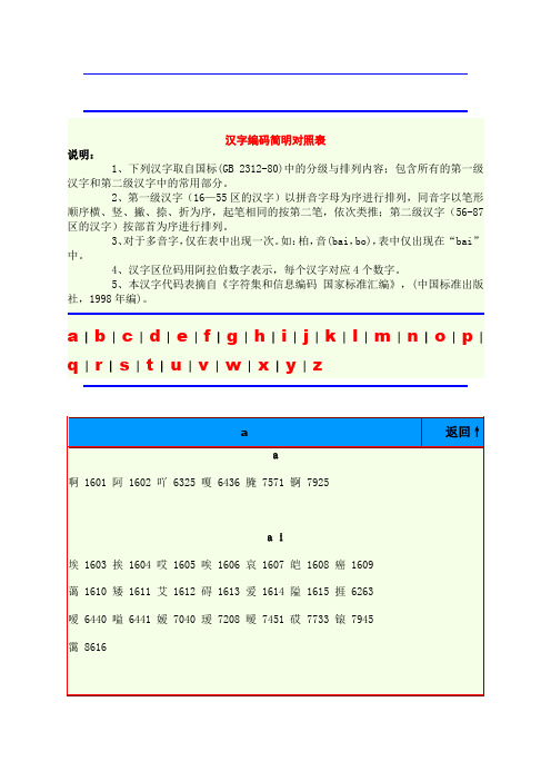 汉字编码简明对照表