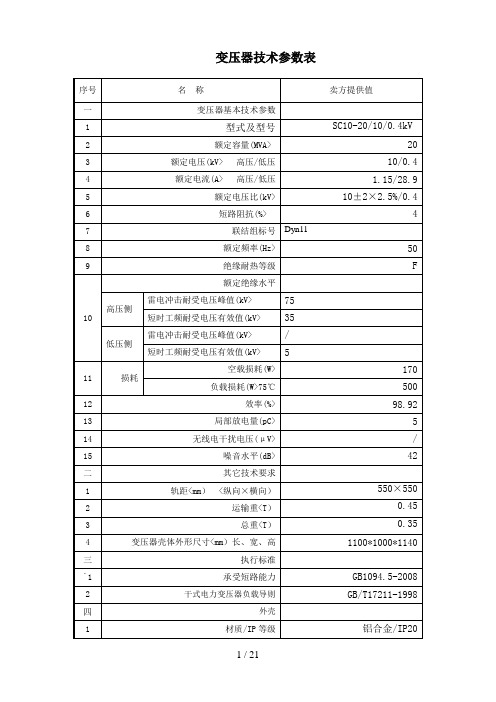 #10KV干式变压器参数表(1)