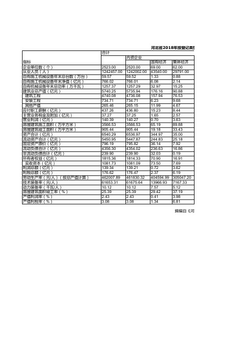 河北省统计年鉴2019社会经济：2018年按登记类型分建筑业企业主要经济指标统计