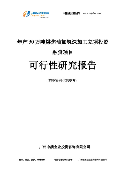 年产30万吨煤焦油加氢深加工融资投资立项项目可行性研究报告(中撰咨询)