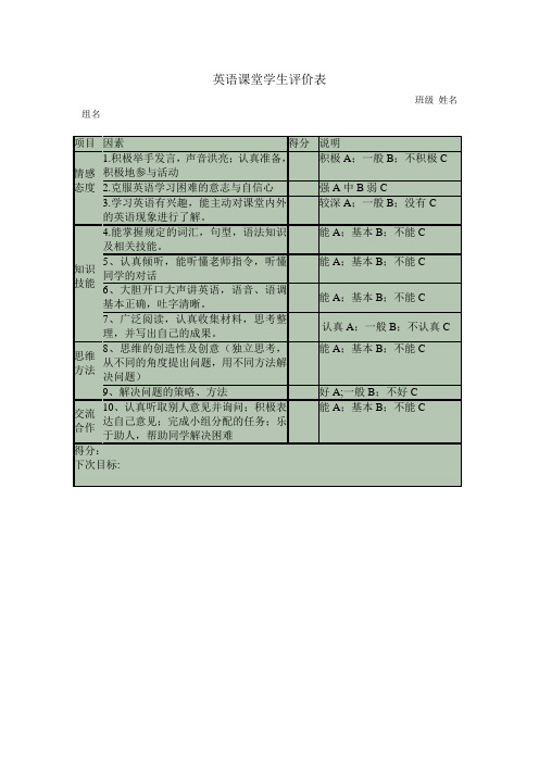 英语课堂学生评价表 (2)