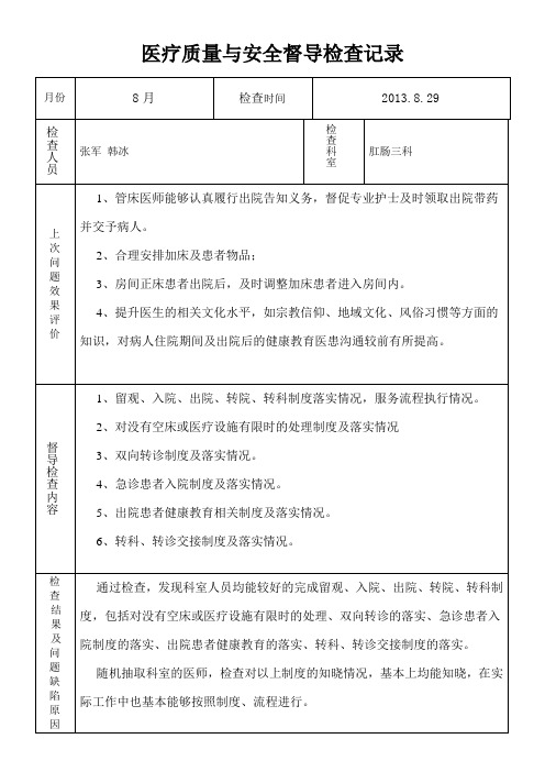 8月医务科医疗服务督导、检查反馈记录