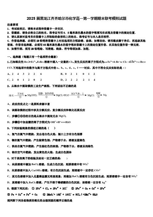 2025届黑龙江齐齐哈尔市化学高一第一学期期末联考模拟试题含解析