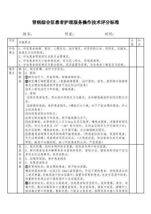 2018年肾内科肾病综合征患者护理操作考核评分标准