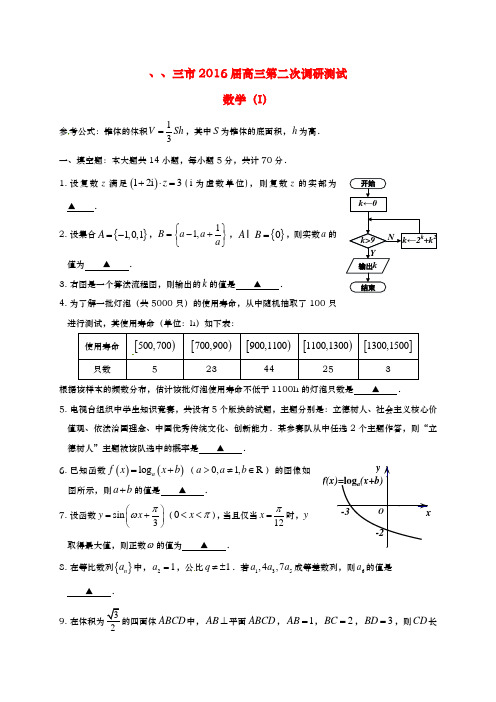 江苏省苏中三市(南通、扬州、泰州)2016届高三数学第二次调研测试试题