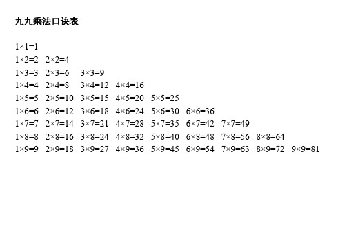 九九乘法口诀表(全word打印版)