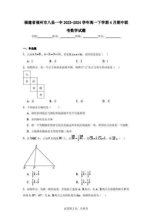 福建省福州市八县一中2023-2024学年高一下学期4月期中联考数学试题